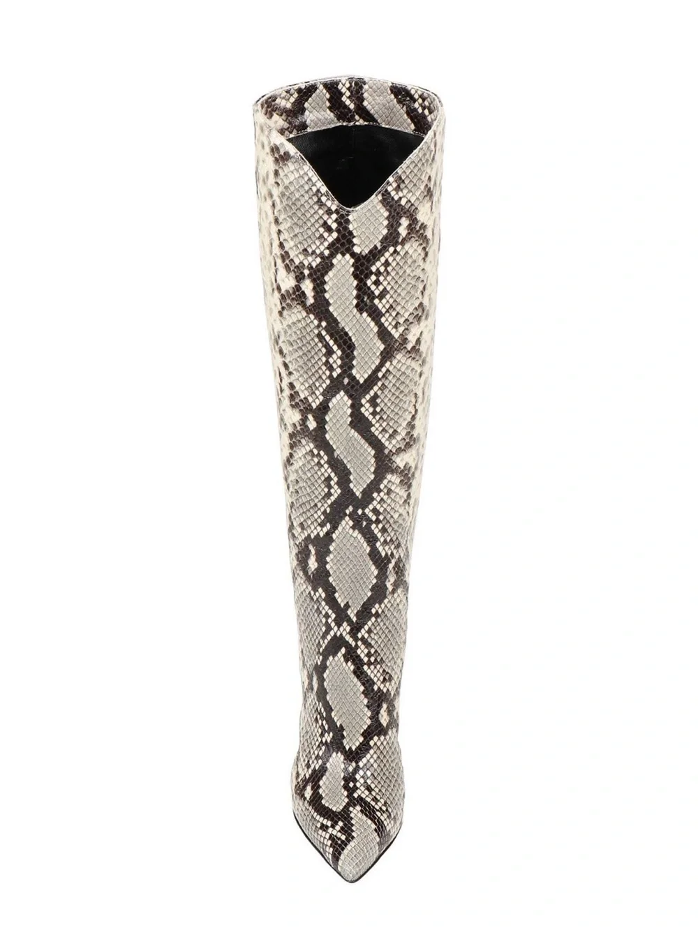 New Knee-High Snake Python-Print Block Heel Boots - White/Brown